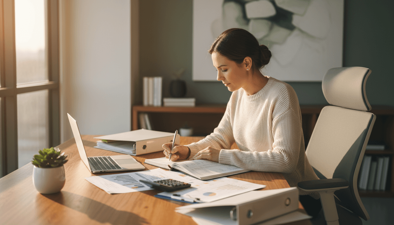 Professional accountant reviewing financial documents at desk with warm natural lighting