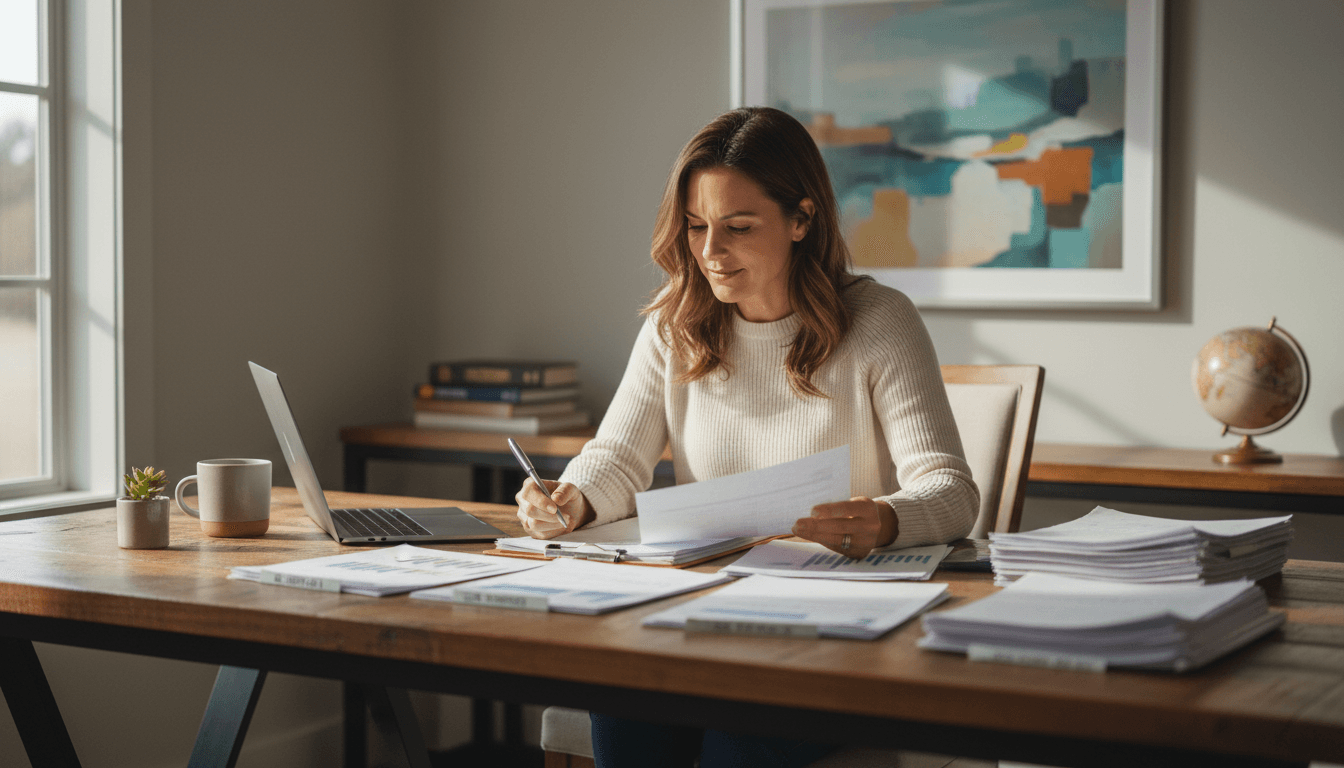 Founder reviewing accounting documents at desk