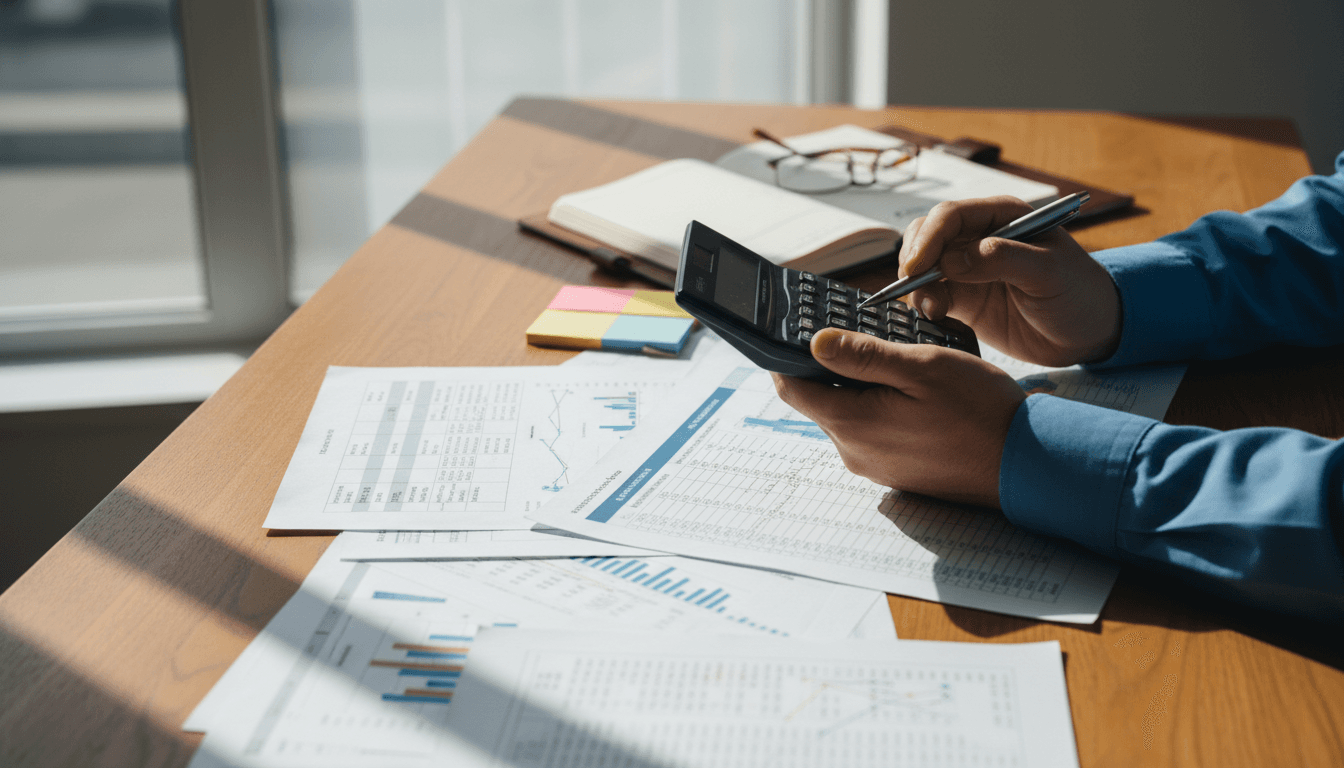 Professional reviewing financial documents and calculations on a desk with natural lighting